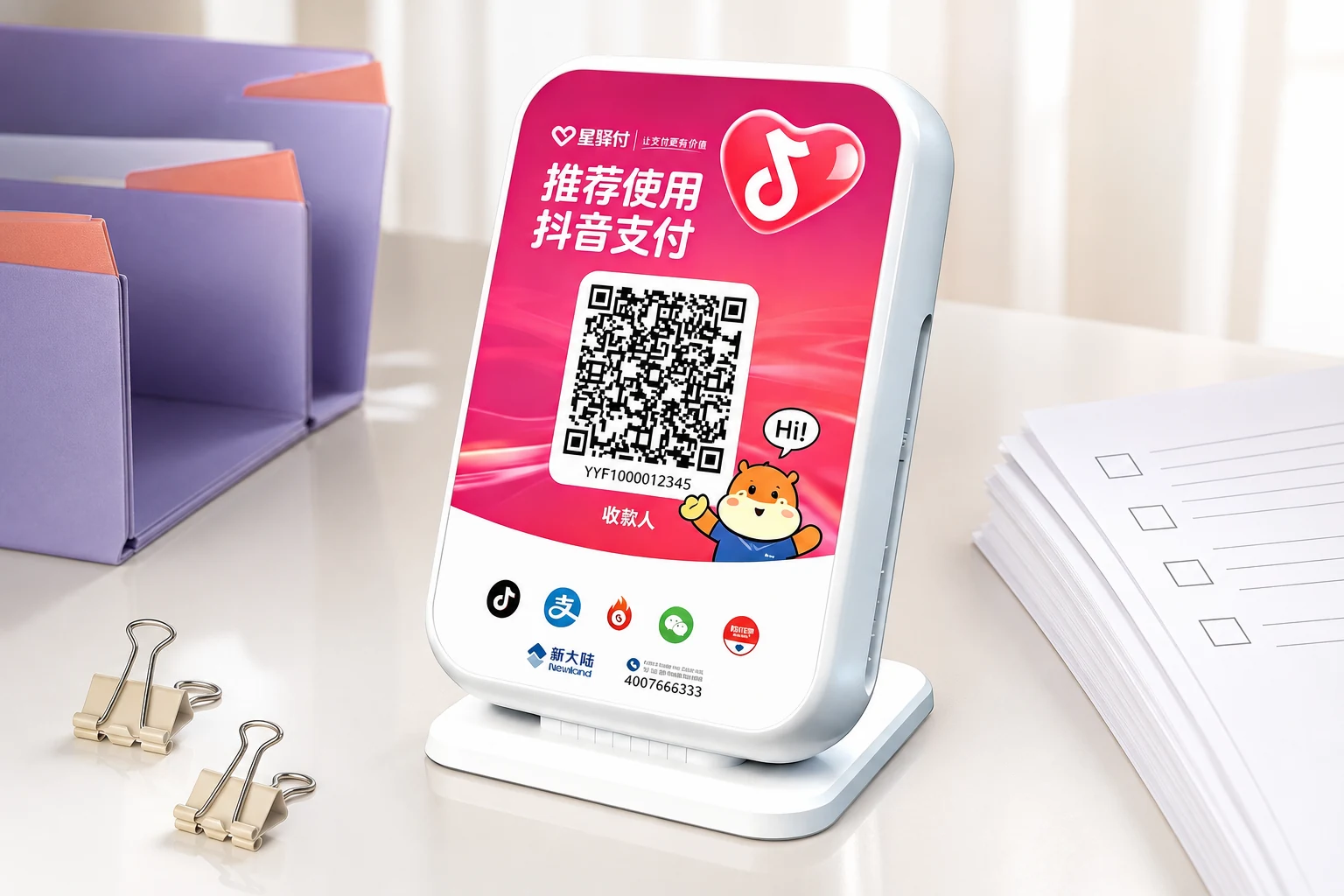 开通资料工作台上的真实白色台式抖音支付设备